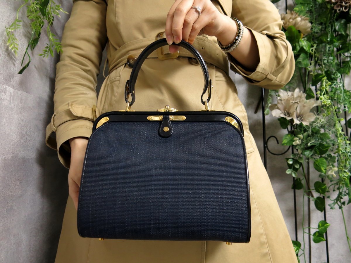 美品】COMTESSE ホースヘア×レザー ゴールド金具 ネイビーハンドバッグ-