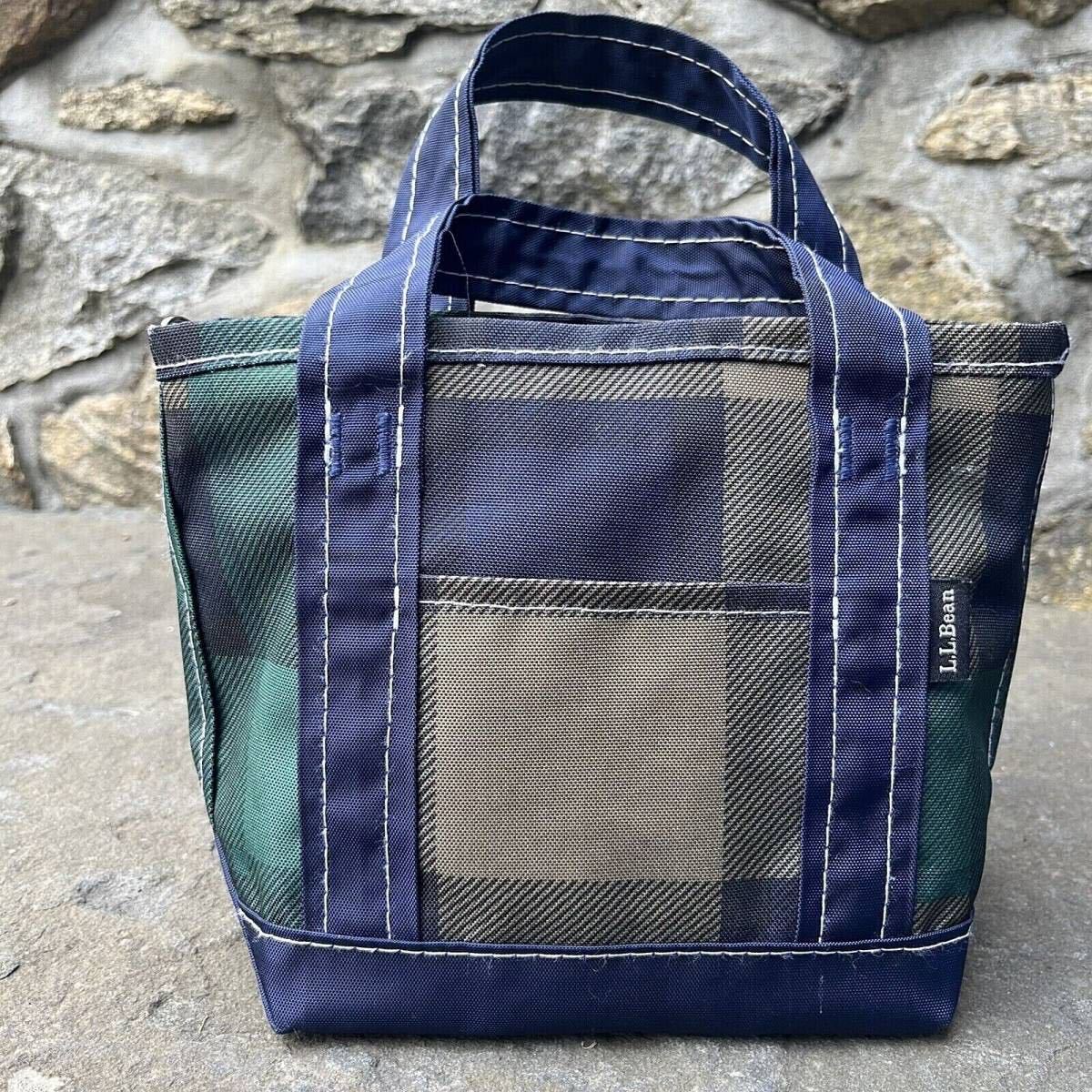 #2335【人気のブランド】トートバッグ L.L. Bean MINI ボート & トート ランチバッグ 財布 ブルー グリーン チェック柄 ジッパー付き 青 緑_画像1