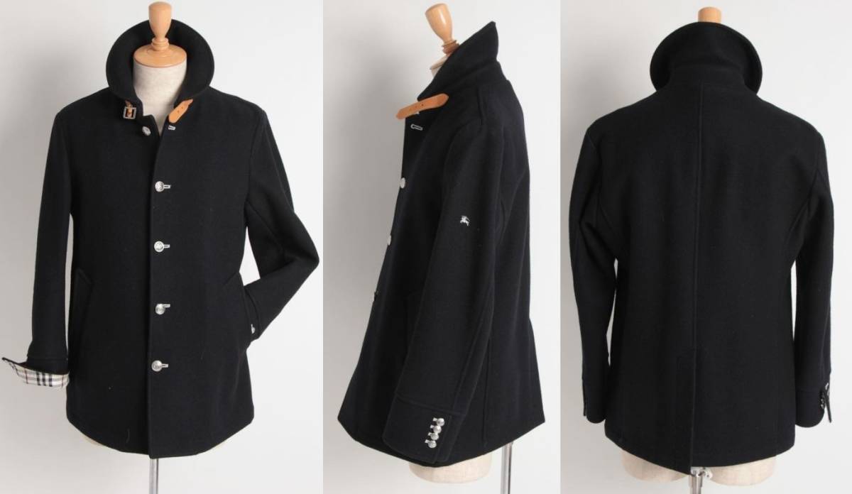美品 BURBERRY BLACK LABEL 銀ボタン羊毛 マリンコート M 黒 レザー 2 ジャケット 裏ノバチェック柄 ダウン バーバリー ブラックレーベル_画像2