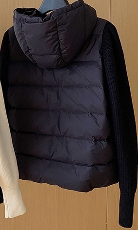 新品暖かいレディース90％ダウンジャケットニット袖フードコート黒Lの画像2