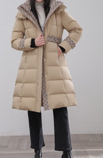 新着 新品暖かいレディース90％ダウンジャケットグースダウンフードコートカーキL Lサイズ