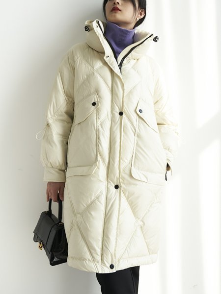 新品暖かいレディース90％ダウンジャケット厚み立ち襟コートオフホワイトM_画像6