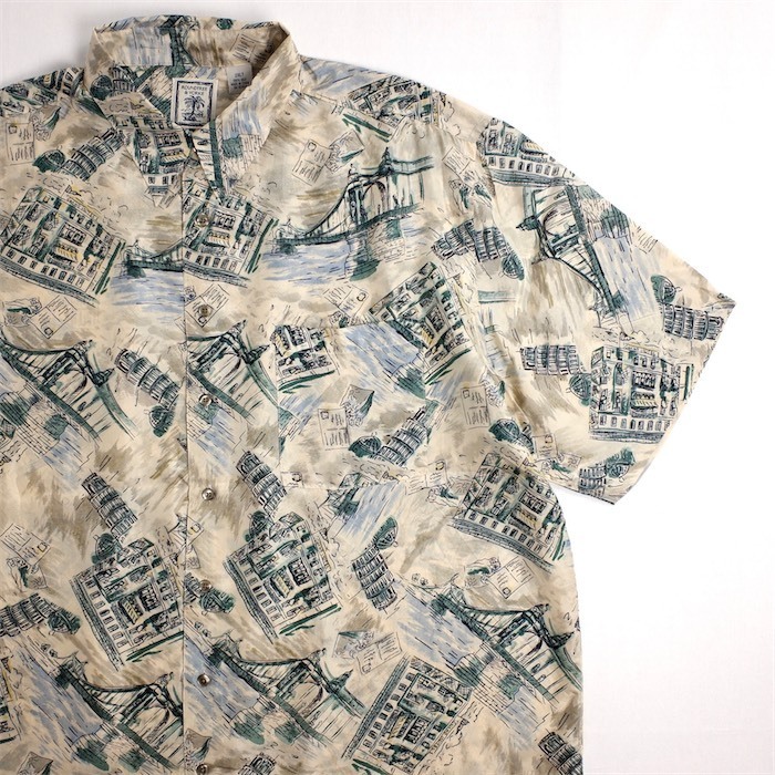90's 00's ROUNDTREE&YORKE 半袖シルクデザインシャツ メンズUS-2XL TALLサイズ ベージュ 風景画プリント総柄 ビンテージ sh-3469n