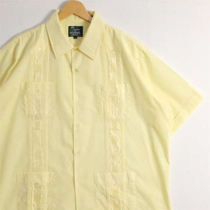 古着 大きいサイズ 90年代 Guayabera 半袖キューバシャツ メキシカンシャツ メンズUS-2XLサイズ 無地 黄 イエロー系 tn-1288n_画像1
