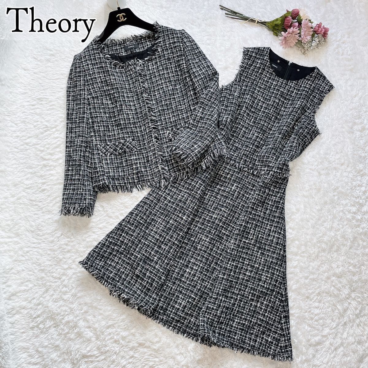 美品◇Theory◇マルチツイード ノーカラージャケット ワンピーススーツ