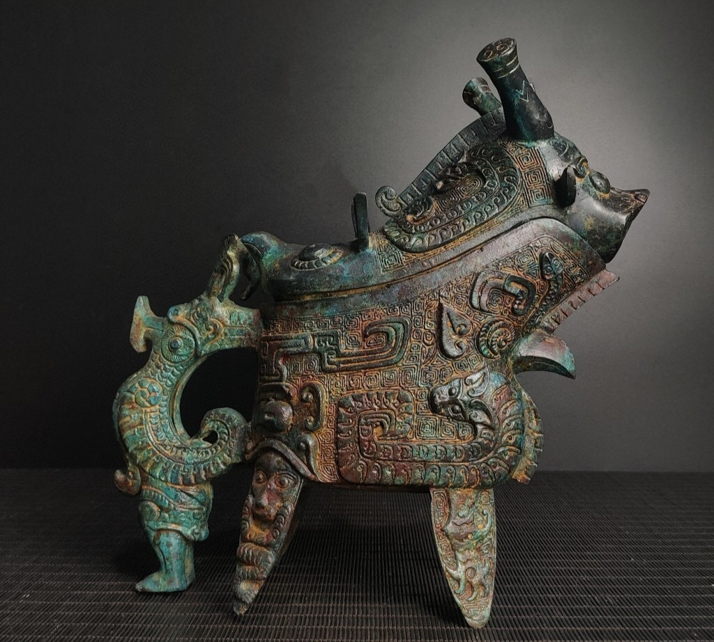 『商周・青銅器彫・神獣酒器』極細工 置物古賞物 中国古玩 中国古美術