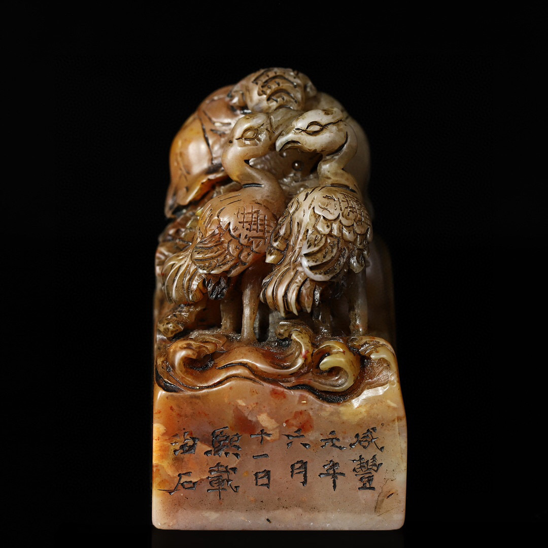 清・古寿山石・芙蓉石彫・雙鶴印章・箱付』極細工 置物古賞物 清・古寿山石・芙蓉石彫・雙鶴印章・箱付』極細工 置物古賞物