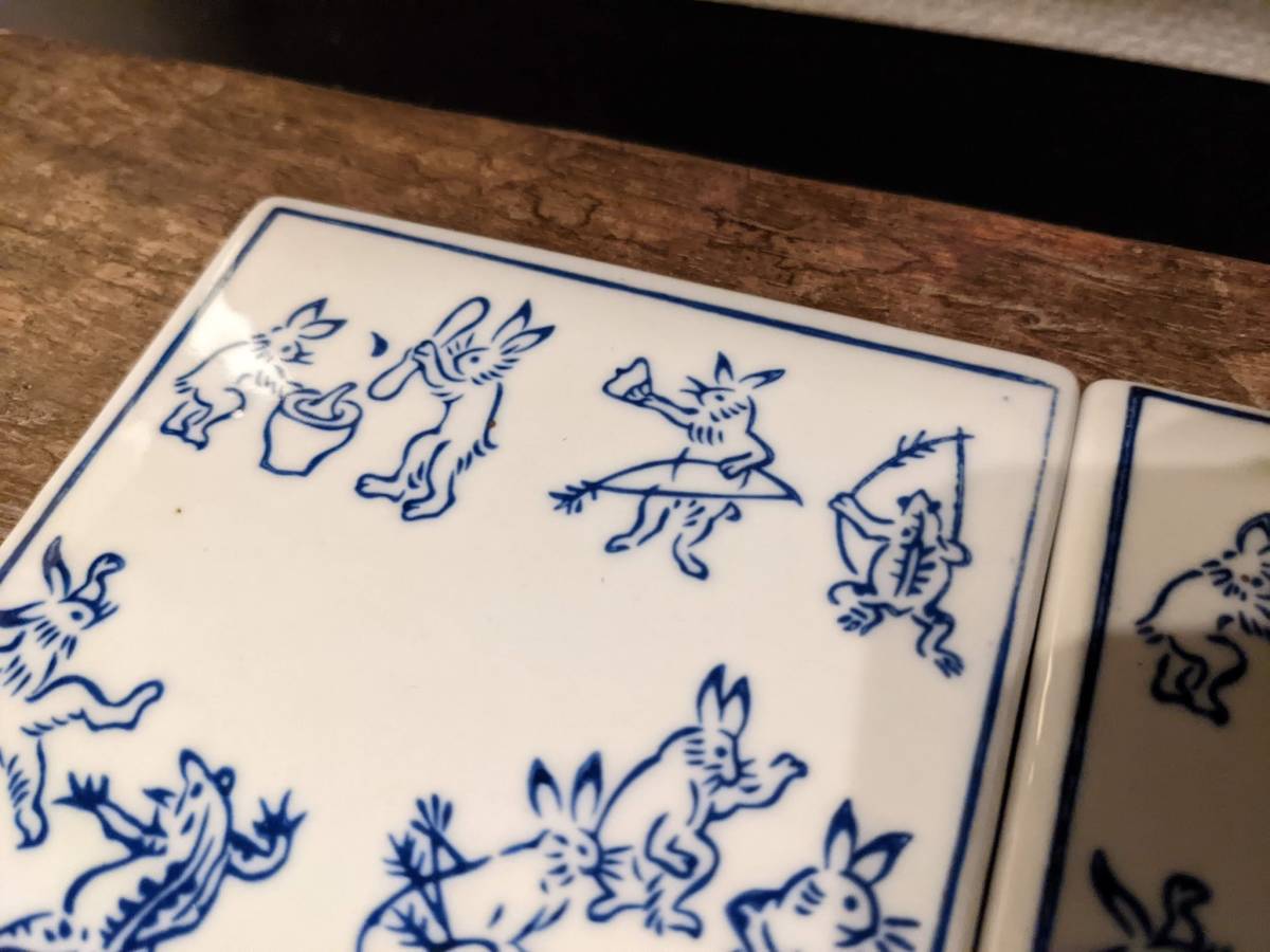 【新入荷】タイルコースター　2枚　鳥獣戯畫　陶器　縁起物　陶敷 DIY 食器　タイル　コースター