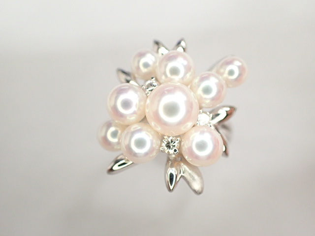 美品 田崎真珠 タサキ Pt900 パール約4.0-6.4mm珠 ダイヤ計0.12ct デザイン リング 指輪
