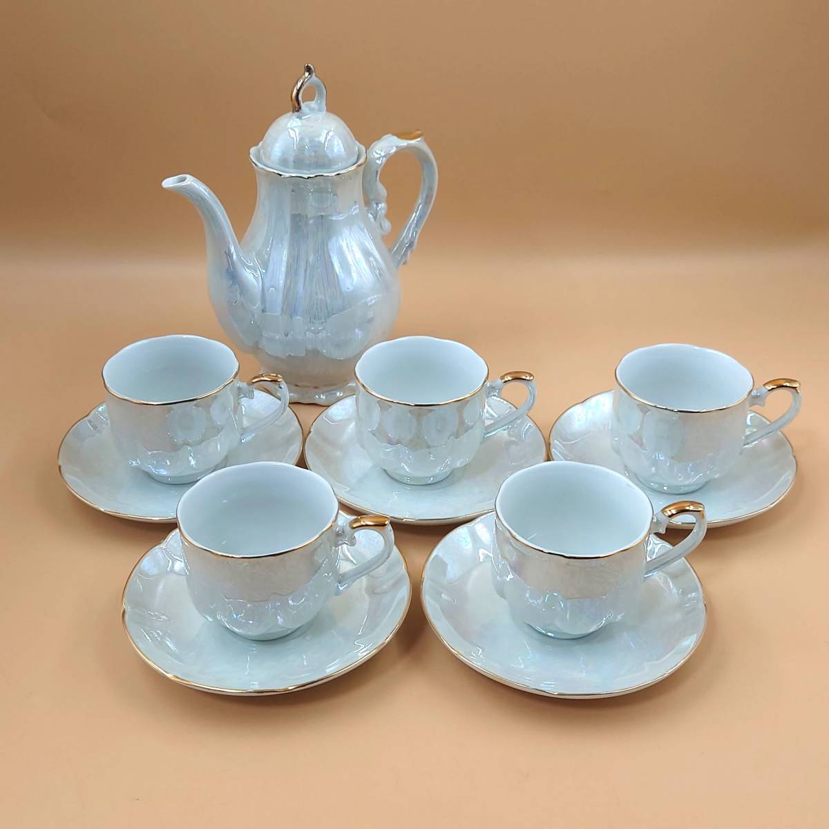 ★ 【程度良好】 ナルミ カップ&ソーサー 5客 ティーポット セット パール チャイナ Pearl China NARUMI ★_画像1