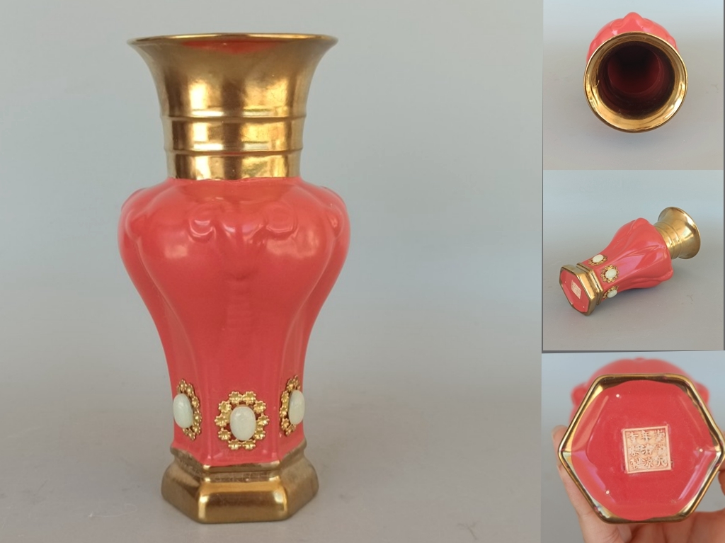 保障できる□宋時代紅汝窯流金嵌寶石三羊尊瓶□高18.5cm 直径8.5cm