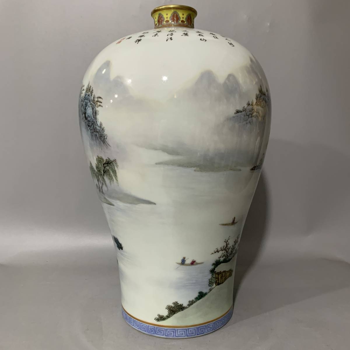 ☆大清雍正年制款粉彩山水風景閣樓漢詩紋包金口梅瓶☆高さ37cm 直径