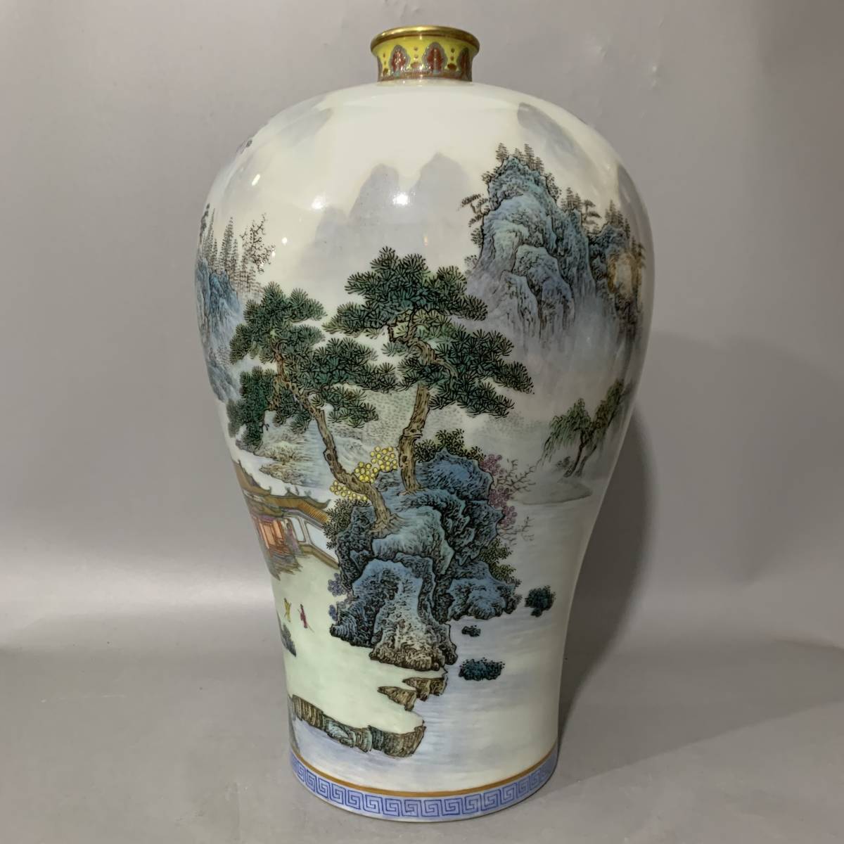 ☆大清雍正年制款粉彩山水風景閣樓漢詩紋包金口梅瓶☆高さ37cm 直径