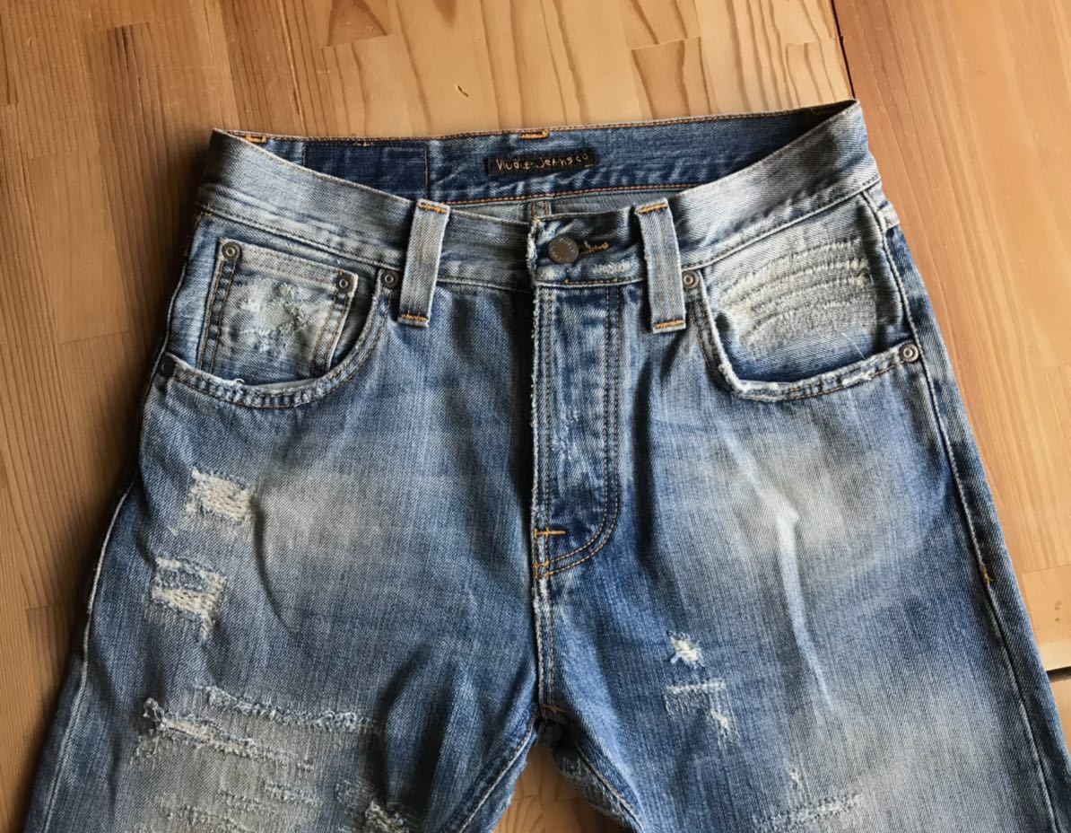 大人女性の L32 W27 DOWN WORN BENT BIG Jeans Nudie NJ2993 コットン