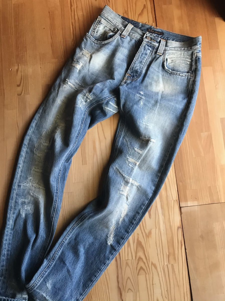 Nudie Jeans BIG BENT WORN DOWN W27 L32 NJ2993 ヌーディージーンズ USED加工 美品 デニムパンツ チェーン ステッチ インディゴ コットン_画像4