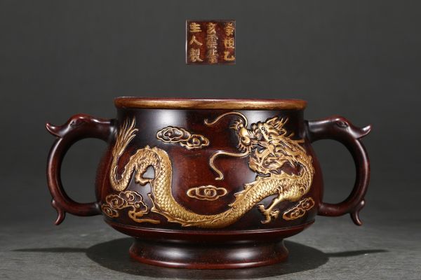 誠実】 擺件 置物 塗金雲龍紋龍首耳香炉』極細工 古銅彫 崇禎乙亥雲臺 ...