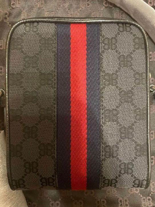 グッチ バレンシアガ コラボ ハッカー ショルダーバッグ 680129 BALENCIAGA GUCCI キャンバス ジャカード ブラック 黒 ネイビー ポーチ_画像2