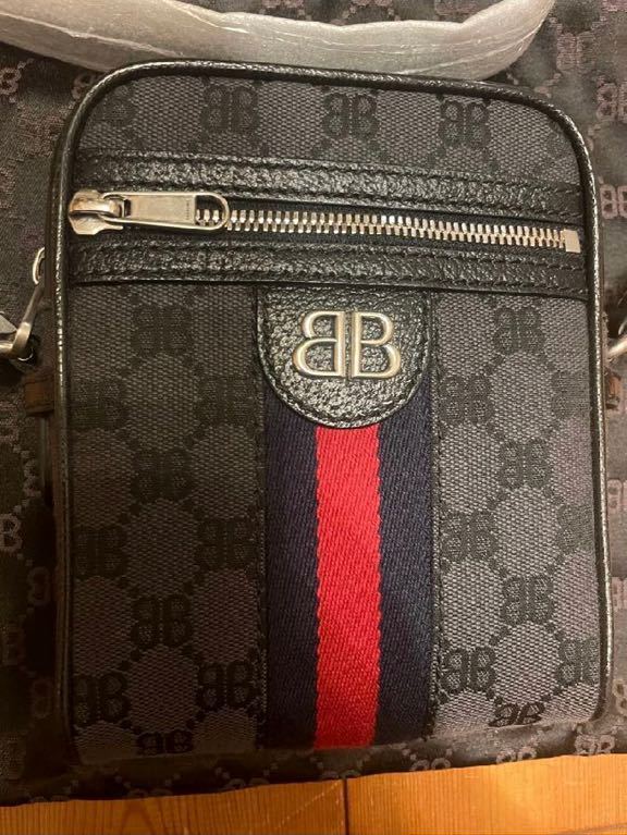 グッチ バレンシアガ コラボ ハッカー ショルダーバッグ 680129 BALENCIAGA GUCCI キャンバス ジャカード ブラック 黒 ネイビー ポーチ