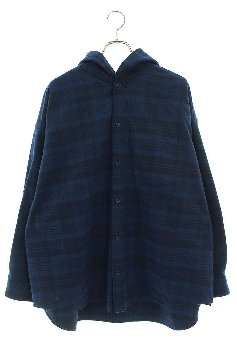 バレンシアガ BALENCIAGA 22AW Check Flannel Hooded Shirt サイズ:1 チェック柄フランネルフーディ長袖シャツ 中古 SB01
