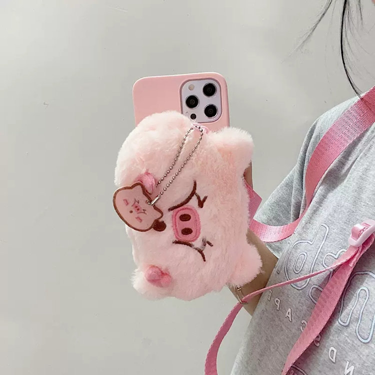 iPhone 14 ケース Apple 6.1インチ スマホケース 保護カバー 背面カバー もこもこ 小銭入れ 収納 チェーン付き pig ピンク 超可愛い_画像1