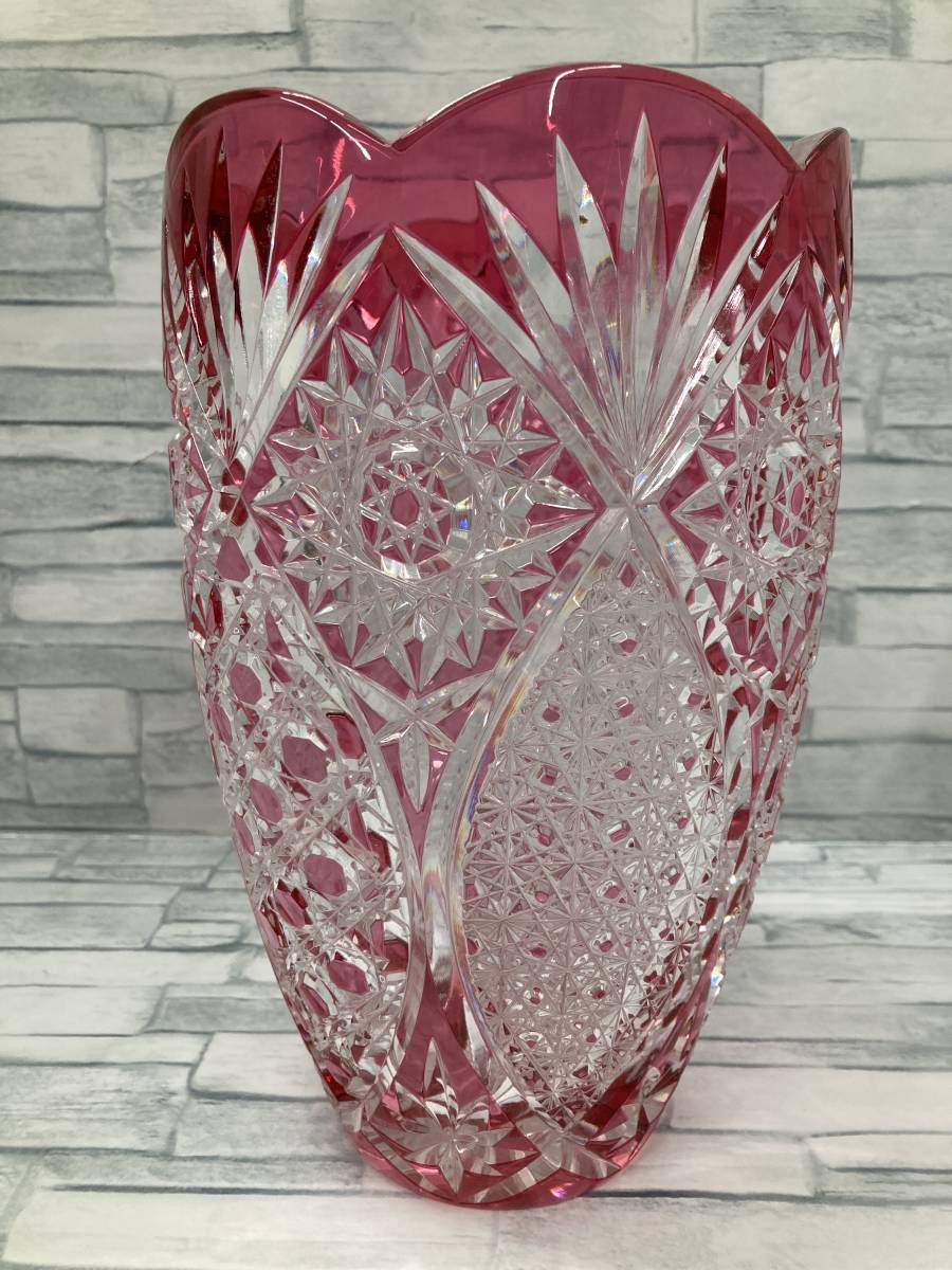 BOHEMIA LEAD CRYSTAL&KALI GLASS 花瓶 ボヘミアガラス 赤系 切子_画像2