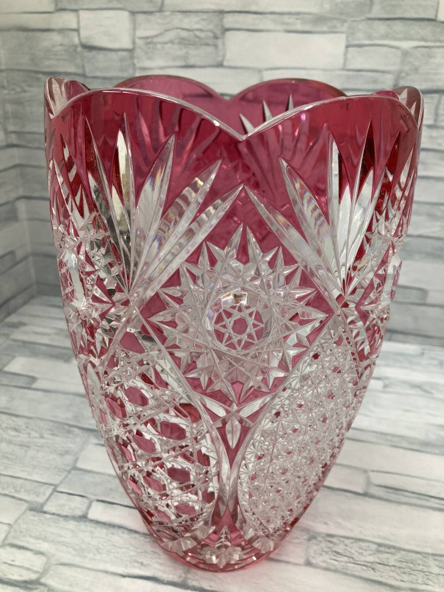 BOHEMIA LEAD CRYSTAL&KALI GLASS 花瓶 ボヘミアガラス 赤系 切子_画像6