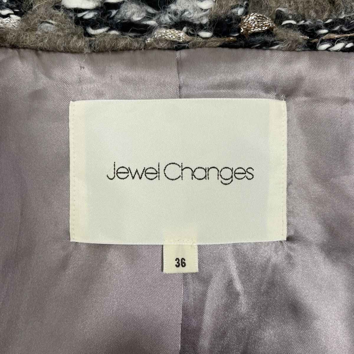 美品 Jewel Changes ジュエルチェンジズ ウールツイードコート ロング丈 切り替えデザイン レディース グレー 黒 ブラック サイズ36*TB1090_画像7