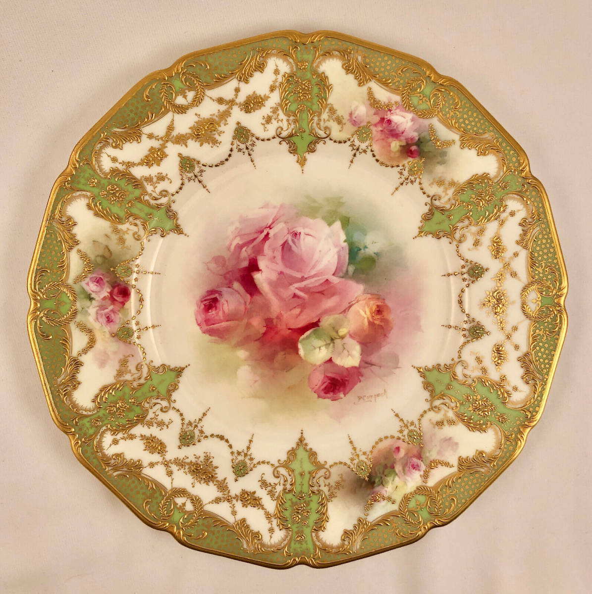 Antique Royal Doulton Plate/Charger, Hand Painted Roses, Signed Curnock 海外 即決