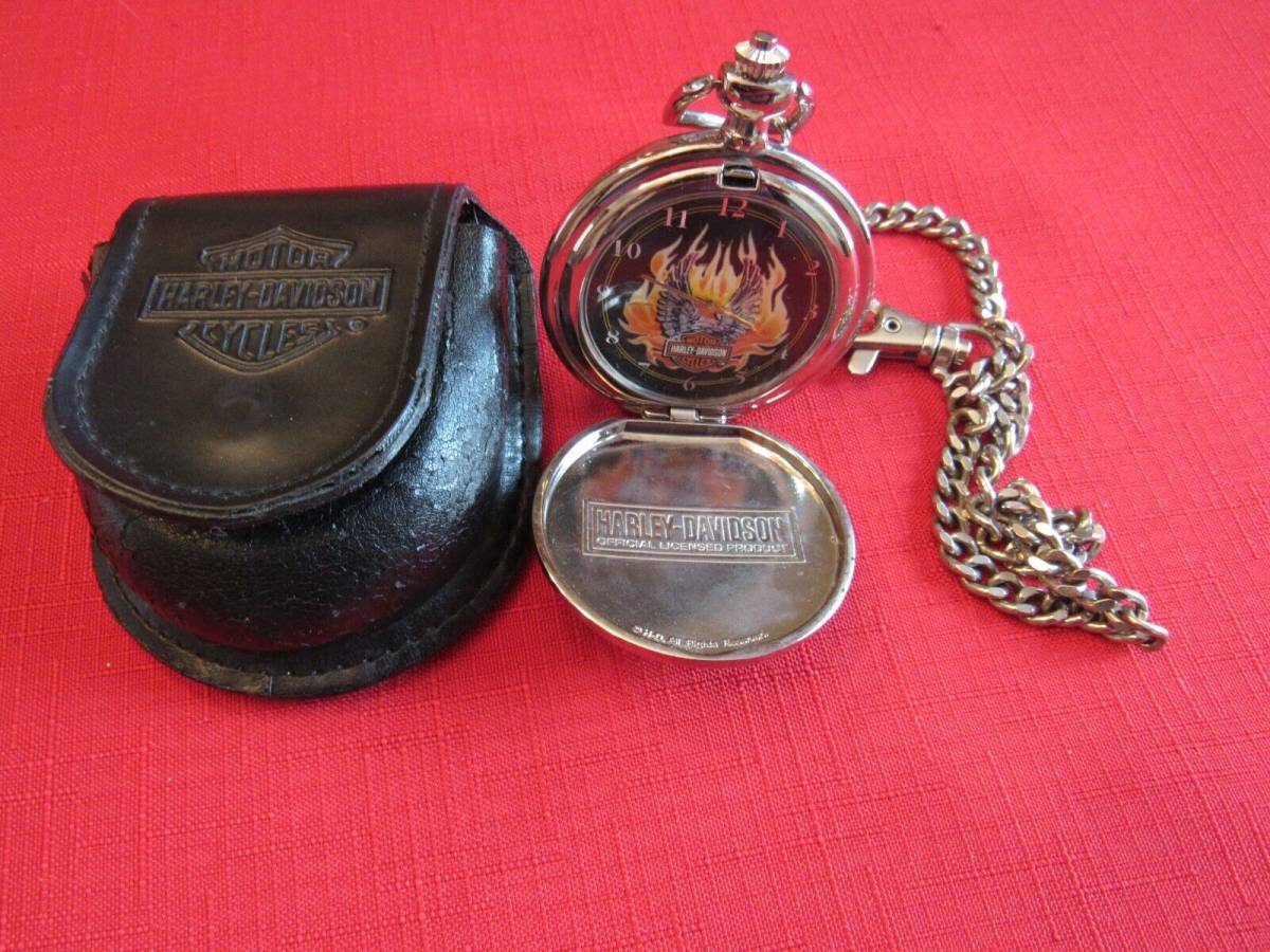 Harley Davidson Franklin Mint Pocket Watch w/Black Case and Chain 海外 即決