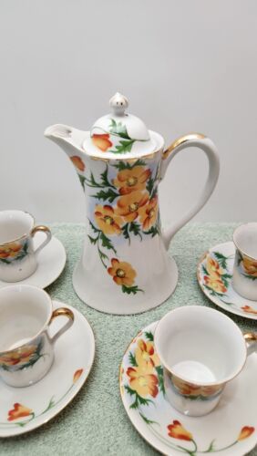 Nippon Chocolate Coffee Tea Pot set 4 Cups & Saucers, Floral, Hand Painted 海外 即決 5