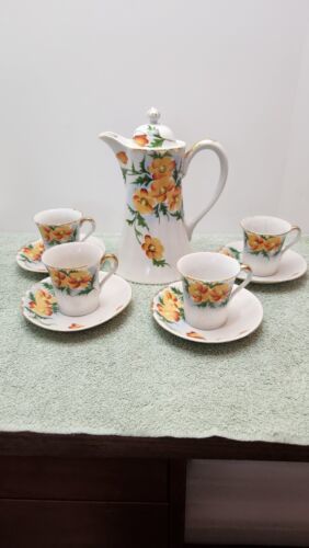 Nippon Chocolate Coffee Tea Pot set 4 Cups & Saucers, Floral, Hand Painted 海外 即決 2