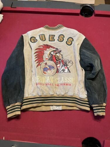 Vintage 90s Guess Varsity Jacket Large Native Leather Letterman 海外 即決