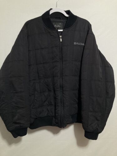 Vintage 90s Sean John Bomber Puffer Jacket Quilted Black Solid Full Zip XL Mens 海外 即決