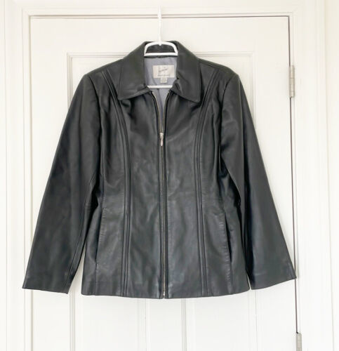 JACQUELINE FERRAR leather jacket size M black lined pockets lambskin 海外 即決