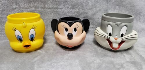 1992 3D Head plastic Mugs Looney Tunes Tweety Bird Bugs Bunny Disney Mickey... 海外 即決