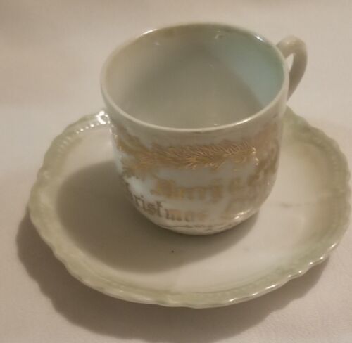 Vtg. German Porcelain Green & White Gold Children's Merry Christmas Tea Cup 海外 即決