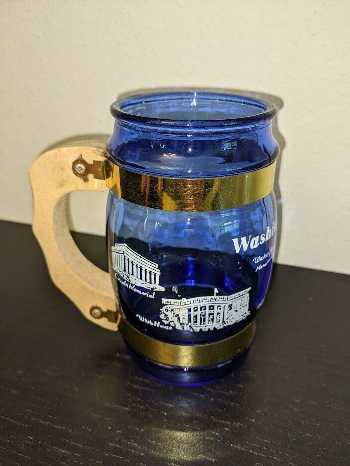 Vtg Blue Glass Barrel 5" Beer Stein Mug Plastic Handle ~ Washington DC Souvenir 海外 即決