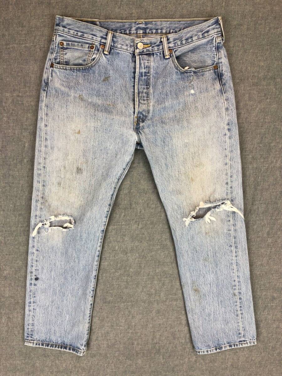 Levi's 501 Jeans Men's 34x30 Button Fly Light Wash Denim Distressed Straight 海外 即決