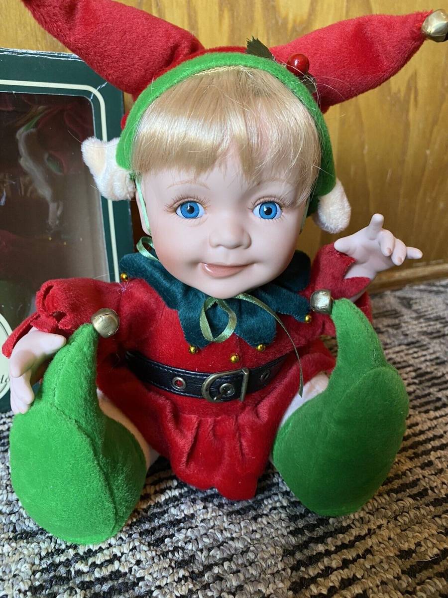Vintage 2003 GEPPEDDO Christmas Elf CUDDLE KID Emerson Baby Doll Porcelain Plush 海外 即決 2