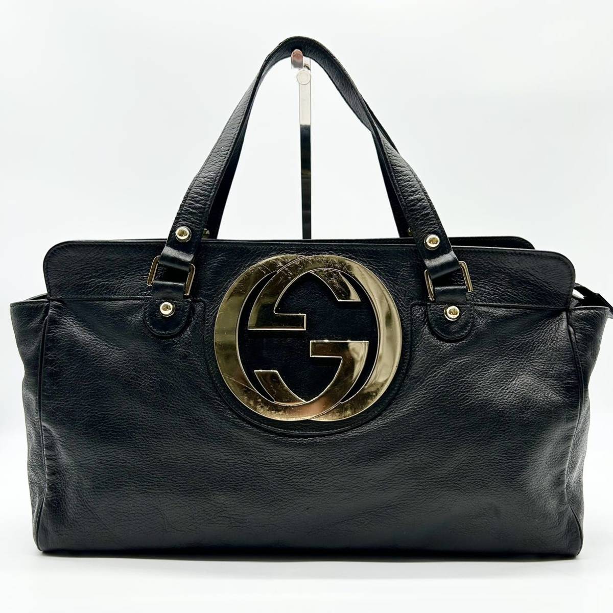 1円【超希少】GUCCI グッチ インターロッキング ゴールド金具 デカロゴ 本革 レザー ハンドバッグ トートバッグ レディース 黒 ブラック