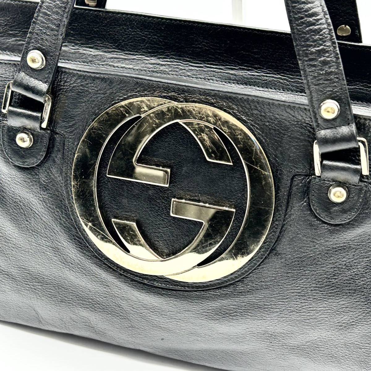 1円【超希少】GUCCI グッチ インターロッキング ゴールド金具 デカロゴ 本革 レザー ハンドバッグ トートバッグ レディース 黒 ブラック