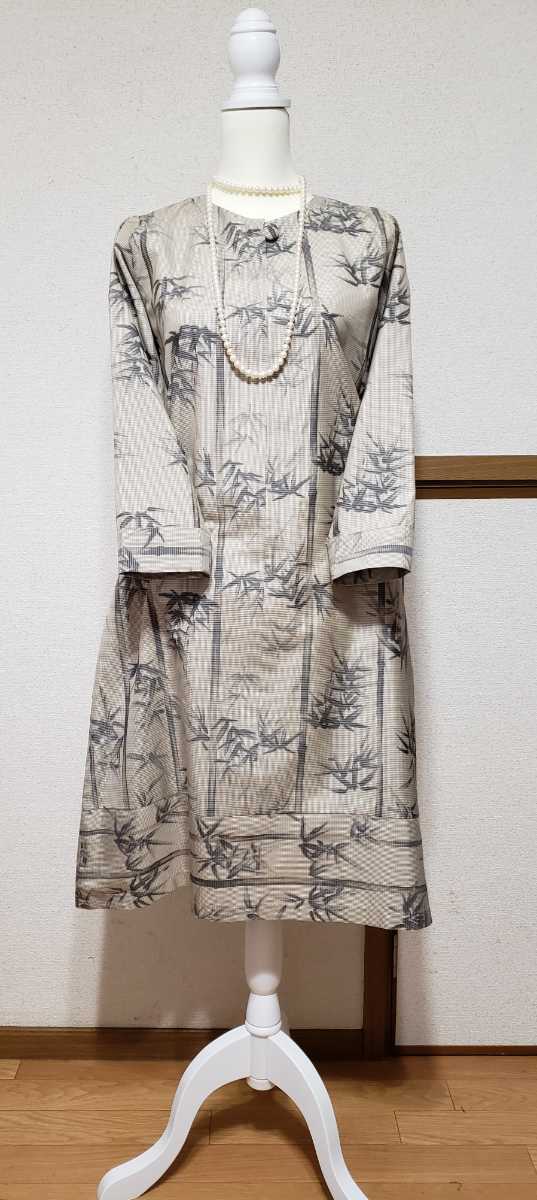 ◆新品 竹図 ドレス 絹 着物リメイク グレー 正装 正月 ワンピース シルク パーティの画像1
