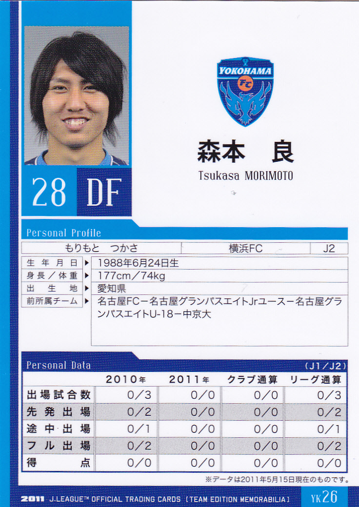 クラブ別サッカートレカ 横浜ＦＣ2011 YK26 森本良 愛知県 愛知教育大学附属高校 中京大学 名古屋グランパスエイト 　_画像2