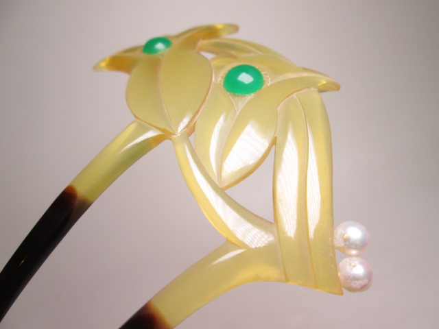 【江月】アンティーク・本鼈甲 緑硝子と本真珠飾りのかんざし 共ケース付_画像6