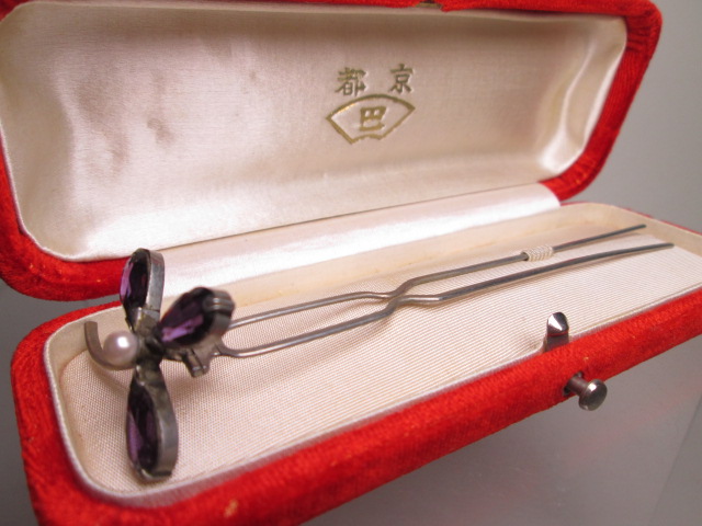 [. month ] antique *.book@ pearl decoration purple crystal clover. ornamental hairpin 5,88g also case attaching 