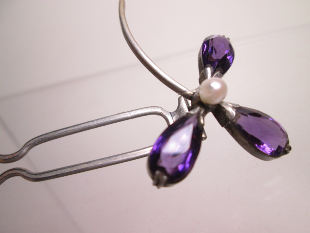 [. month ] antique *.book@ pearl decoration purple crystal clover. ornamental hairpin 5,88g also case attaching 