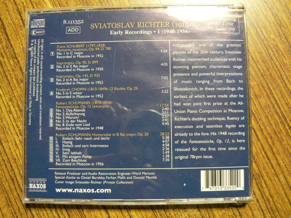 CD グレートピアニストシリーズ リヒテルの初期録音集 第1集 1948-1956/NAXOS_画像2