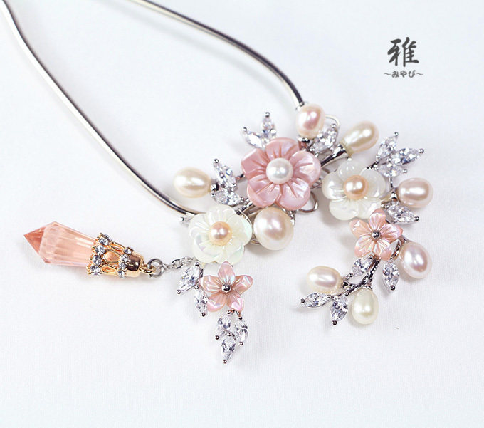 【 雅 】 優しいお花。o○ピンク＆ホワイトシェル 天然本真珠 Ｕ型かんざし