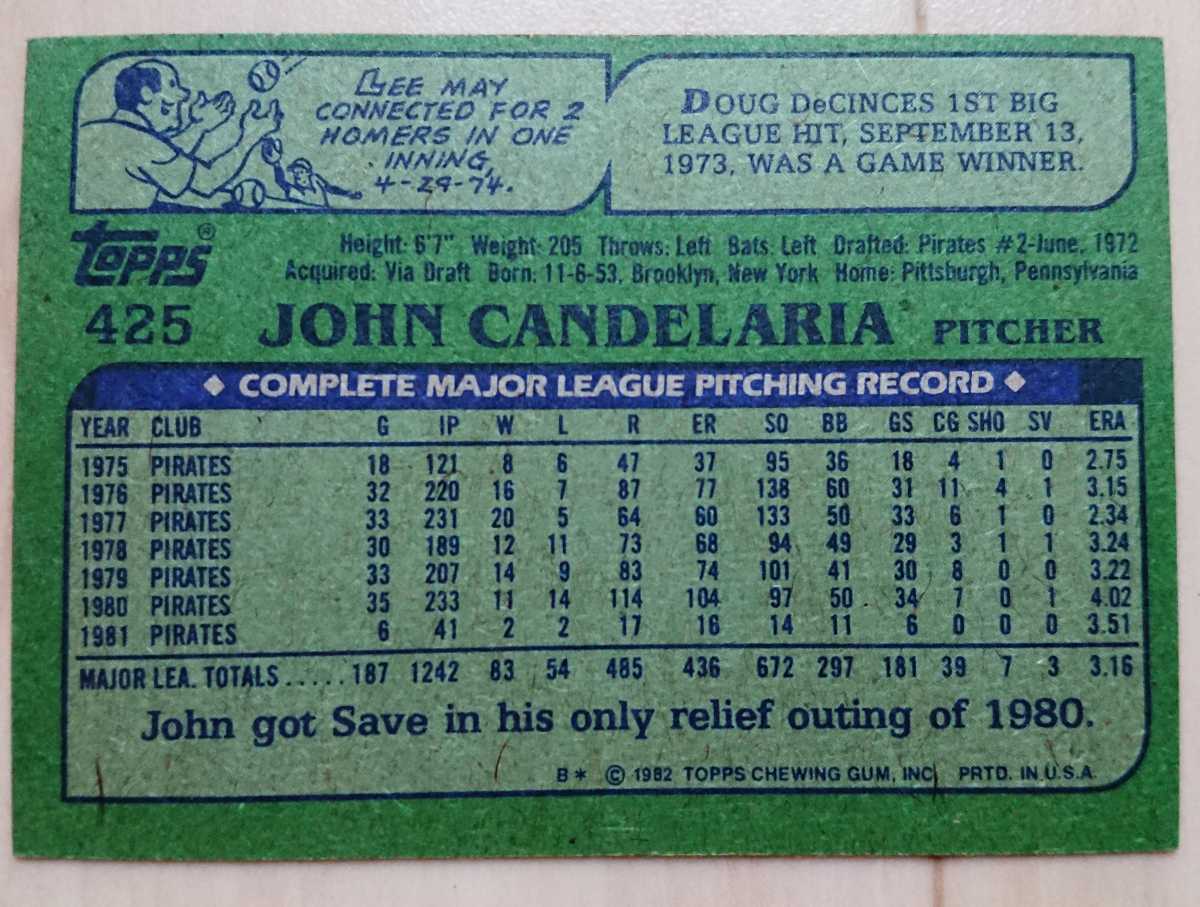 ★JOHN CANDELARIA TOPPS 1982 #425 MLB VINTAGE メジャーリーグ 大リーグ ジョン キャンデラリア PITTSBURGH PIRATES パイレーツ_画像2
