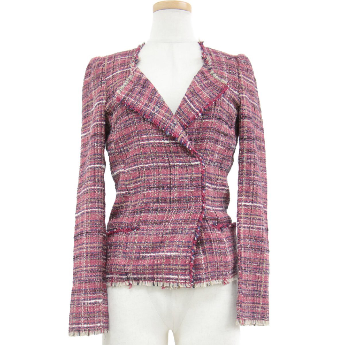 ISABEL MARANT ETOILE イザベルマラン エトワール ジャケット アウター レッド系 赤 36(S) ノーカラー ツイード チェック フリンジ_画像1